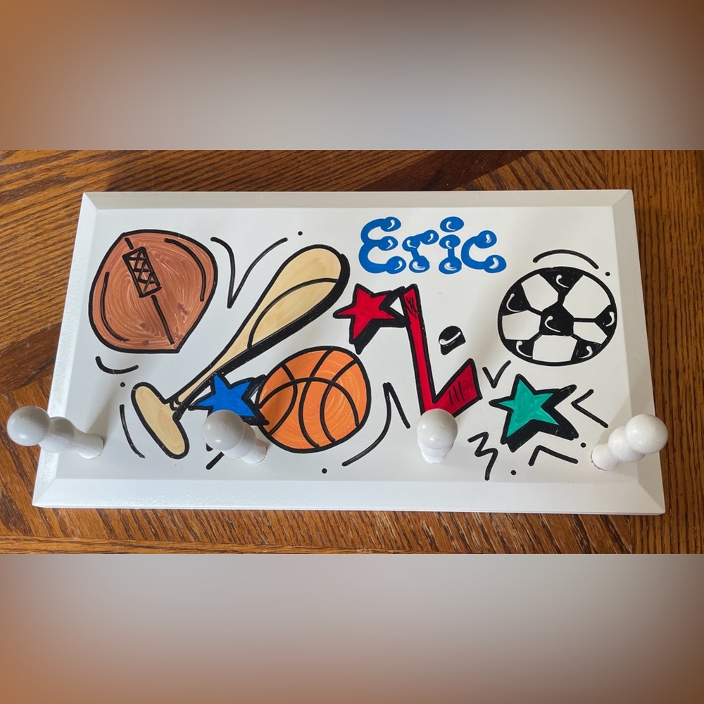 Child’s Coat/Hat Hanger Hand Painted With 4 Pegs, 14” x 8”, Personalized Eric